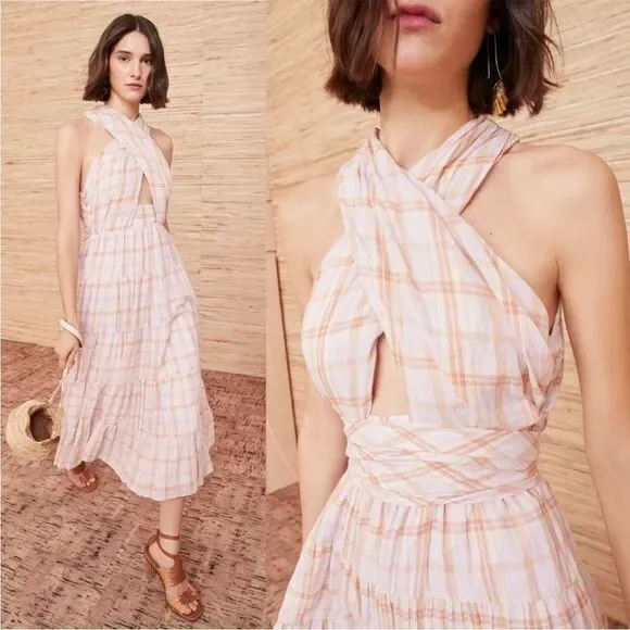 ULLA JOHNSON Noelle Crossover Halter Back-Tie Midi Plaid Dress NEW Sz. 4 - Picture 2 of 10